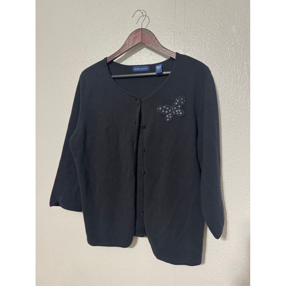 Y2K Karen Scott Black Butterfly Cardigan Beaded Sequin Whimsigoth 3/4